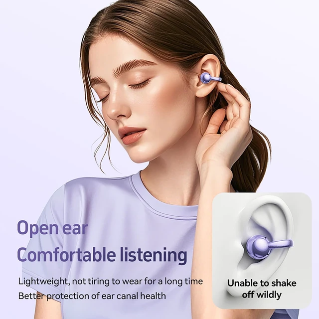 Alt view image 5 of 7 - Clip on Earbuds for Small Ears, Open Ear Wireless Bluetooth 5.4 Headphones, 40H Playtime Air Conduction, Comfort Fit for Glasses, Waterproof Sport Ear Buds with Digital Display & MIC
