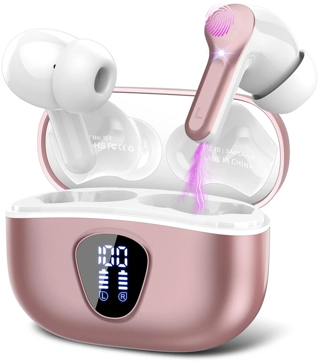 Main image of Wireless Earbuds, Bluetooth 5.3 Headphones HiFi Stereo, Bluetooth Earbuds | With ENC Noise Cancelling Mic, IPX7 Waterproof in Ear Earphones, 45H, LED Display Ear buds for Pad Workout Sports, Rose Gold