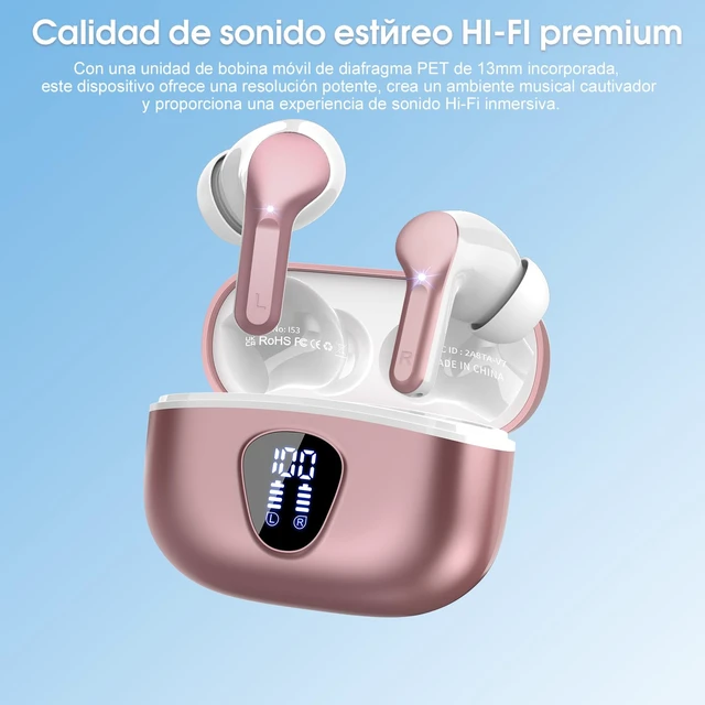 Alt view image 3 of 7 - Wireless Earbuds, Bluetooth 5.3 Headphones HiFi Stereo, Bluetooth Earbuds | With ENC Noise Cancelling Mic, IPX7 Waterproof in Ear Earphones, 45H, LED Display Ear buds for Pad Workout Sports, Rose Gold