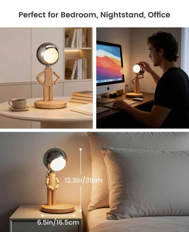 Alt view image 6 of 7 - Rechargeable Cordless Desk Lamp, Touch Nightstand lamp, Dimmable | Beech Wood, 3 Color Temperatures, Stepless Dimming, Creative Table Lamp, Office Lamps, Bedroom Decor, Unique Gift