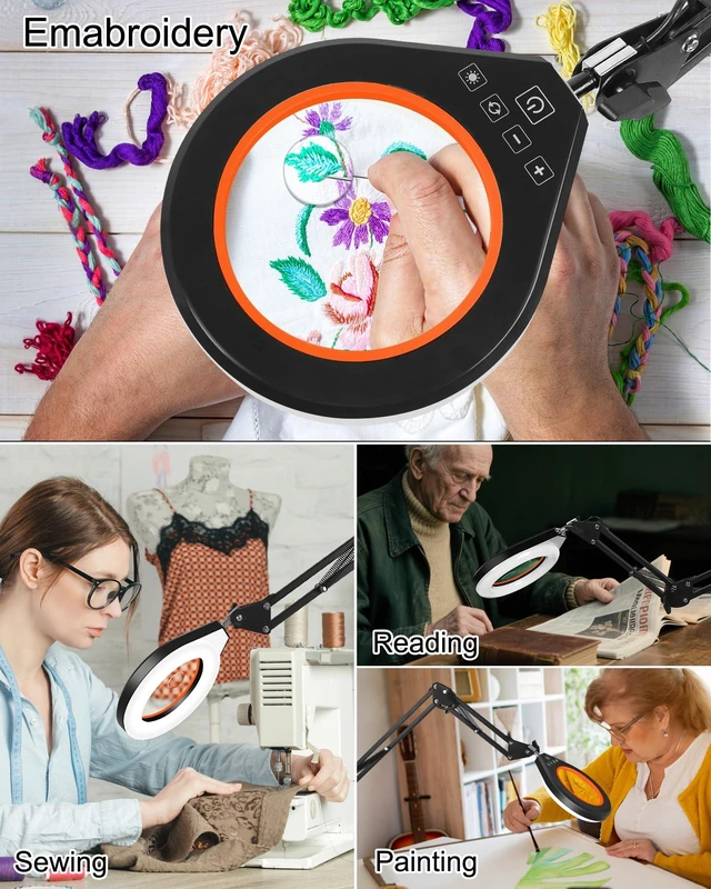 Alt view image 4 of 7 - Real Glass Magnifying Lamp, 10X/5X, 10 Brightness, LED, Long Arm, Orange | Ultra Long Swing Arm, 5 Colors & 10 Brightness