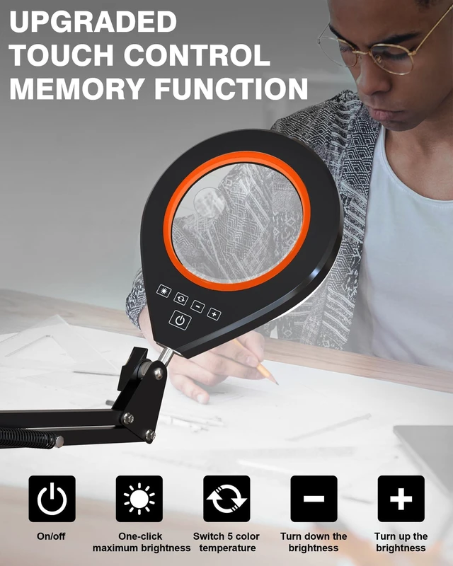 Alt view image 6 of 7 - Real Glass Magnifying Lamp, 10X/5X, 10 Brightness, LED, Long Arm, Orange | Ultra Long Swing Arm, 5 Colors & 10 Brightness