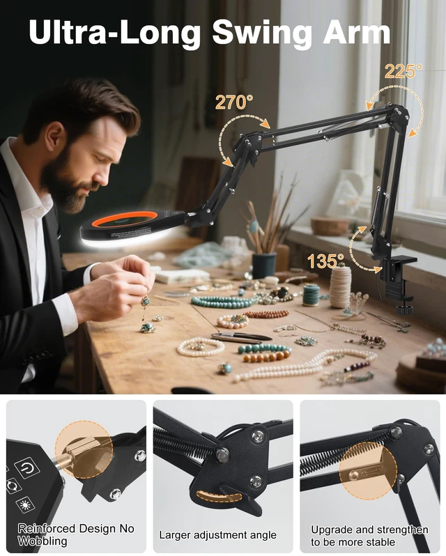 Alt view image 7 of 7 - Real Glass Magnifying Lamp, 10X/5X, 10 Brightness, LED, Long Arm, Orange | Ultra Long Swing Arm, 5 Colors & 10 Brightness