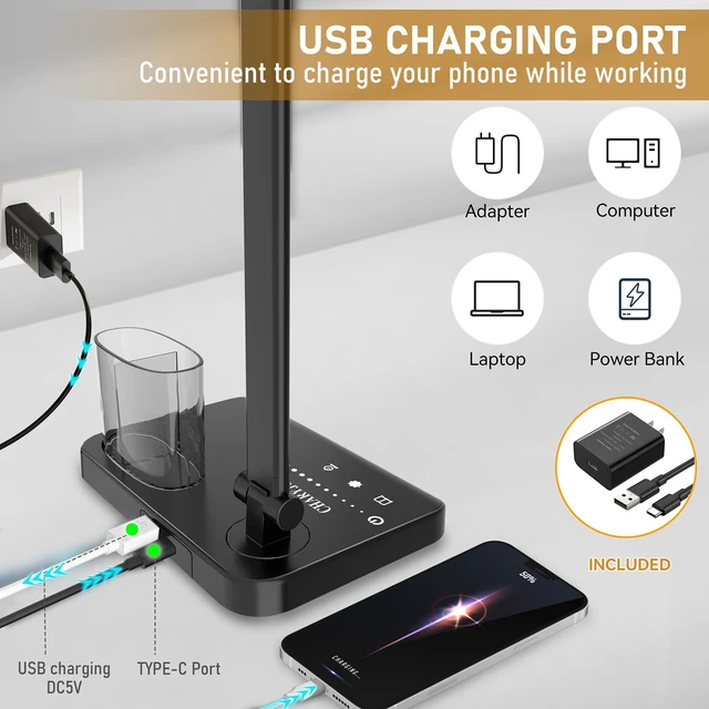 Alt view image 2 of 7 - LED Desk Lamp with USB Charging Port Bright 50 Lighting Modes | Dual Swing Arm Architect Table Lamp Light for Home Office Dorm Piano Nail