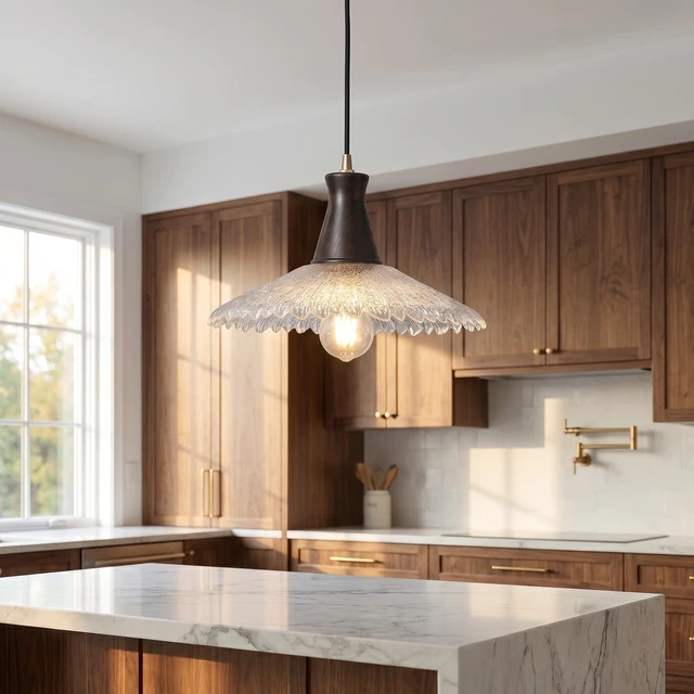 Alt view image 4 of 7 - Pendant Lamp Vintage Wood Textured Glass E26 Height Adjustable for Bedroom Dining Room Living Room Kitchen Study Cafe Rustic Style 21cm 31cm (31cm)