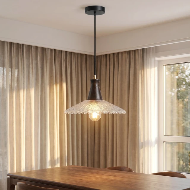 Alt view image 5 of 7 - Pendant Lamp Vintage Wood Textured Glass E26 Height Adjustable for Bedroom Dining Room Living Room Kitchen Study Cafe Rustic Style 21cm 31cm (31cm)