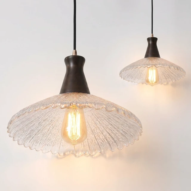 Alt view image 7 of 7 - Pendant Lamp Vintage Wood Textured Glass E26 Height Adjustable for Bedroom Dining Room Living Room Kitchen Study Cafe Rustic Style 21cm 31cm (31cm)