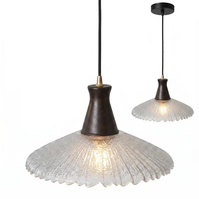 Main image of Pendant Lamp Vintage Wood Textured Glass E26 Height Adjustable for Bedroom Dining Room Living Room Kitchen Study Cafe Rustic Style 21cm 31cm (31cm)