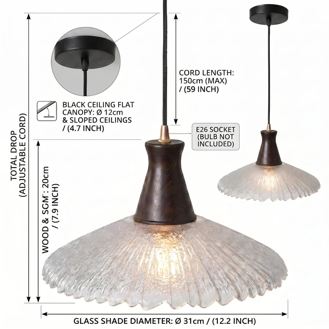 Alt view image 2 of 7 - Pendant Lamp Vintage Wood Textured Glass E26 Height Adjustable for Bedroom Dining Room Living Room Kitchen Study Cafe Rustic Style 21cm 31cm (31cm)