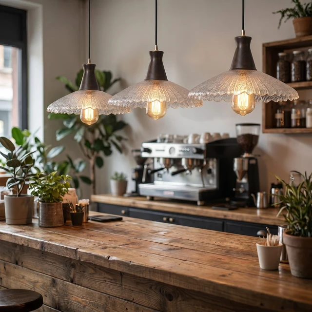 Alt view image 3 of 7 - Pendant Lamp Vintage Wood Textured Glass E26 Height Adjustable for Bedroom Dining Room Living Room Kitchen Study Cafe Rustic Style 21cm 31cm (31cm)