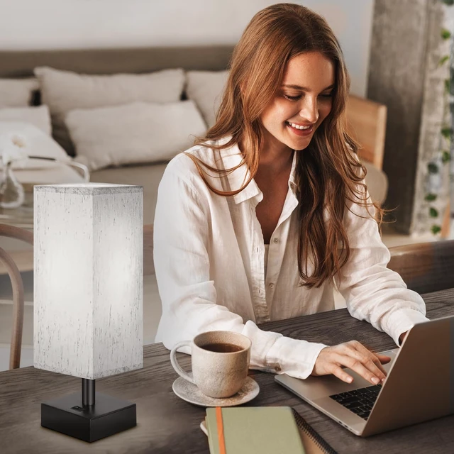 Alt view image 5 of 7 - Small Lamp for Bedroom, Bedside Lamps for Night Stands, Mini Minimalist Table Lamp With Square Flaxen Fabric Shade, 11 Inch Desk Reading Lamp for Dorm Living Room Office, 1 Pack