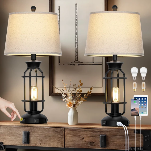 Main image of 28" Farmhouse Table Lamps for Living Room Set of 2, Bedside Lamps | USB C+A Charging Ports & AC Outlet, Night Light, Nightstand, Bedroom, 2 LED Bulbs Included, Vintage, Industrial, Black