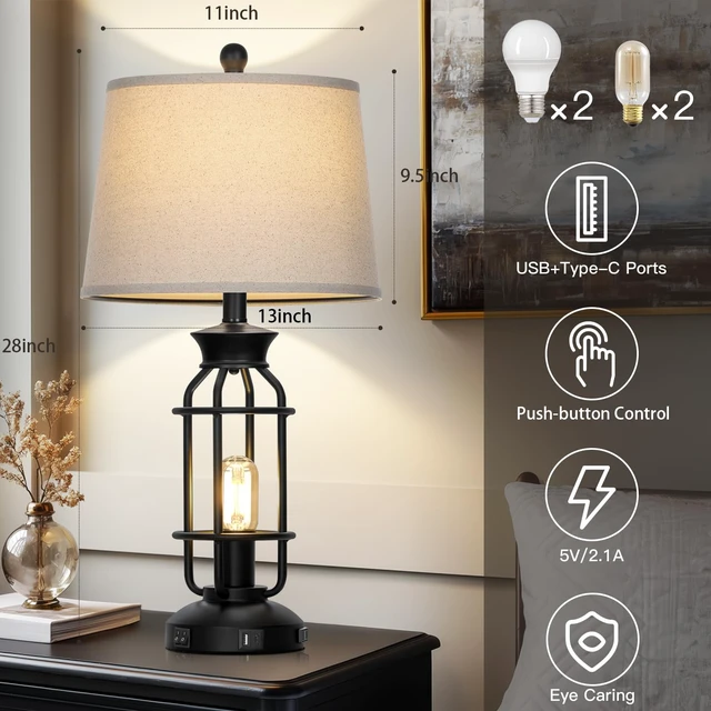 Alt view image 3 of 7 - 28" Farmhouse Table Lamps for Living Room Set of 2, Bedside Lamps | USB C+A Charging Ports & AC Outlet, Night Light, Nightstand, Bedroom, 2 LED Bulbs Included, Vintage, Industrial, Black