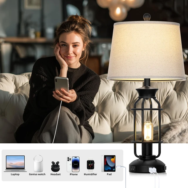 Alt view image 2 of 7 - 28" Farmhouse Table Lamps for Living Room Set of 2, Bedside Lamps | USB C+A Charging Ports & AC Outlet, Night Light, Nightstand, Bedroom, 2 LED Bulbs Included, Vintage, Industrial, Black