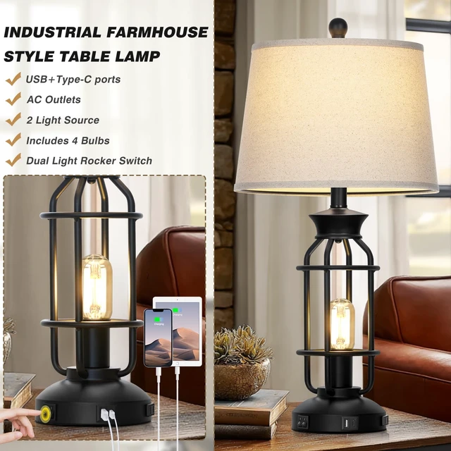 Alt view image 4 of 7 - 28" Farmhouse Table Lamps for Living Room Set of 2, Bedside Lamps | USB C+A Charging Ports & AC Outlet, Night Light, Nightstand, Bedroom, 2 LED Bulbs Included, Vintage, Industrial, Black