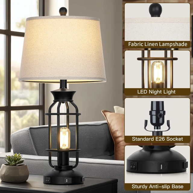 Alt view image 5 of 7 - 28" Farmhouse Table Lamps for Living Room Set of 2, Bedside Lamps | USB C+A Charging Ports & AC Outlet, Night Light, Nightstand, Bedroom, 2 LED Bulbs Included, Vintage, Industrial, Black