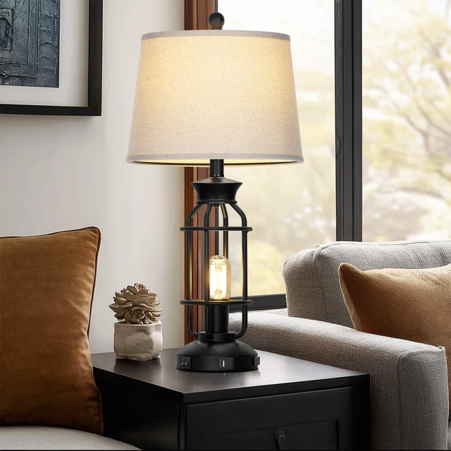 Alt view image 6 of 7 - 28" Farmhouse Table Lamps for Living Room Set of 2, Bedside Lamps | USB C+A Charging Ports & AC Outlet, Night Light, Nightstand, Bedroom, 2 LED Bulbs Included, Vintage, Industrial, Black
