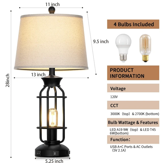 Alt view image 7 of 7 - 28" Farmhouse Table Lamps for Living Room Set of 2, Bedside Lamps | USB C+A Charging Ports & AC Outlet, Night Light, Nightstand, Bedroom, 2 LED Bulbs Included, Vintage, Industrial, Black