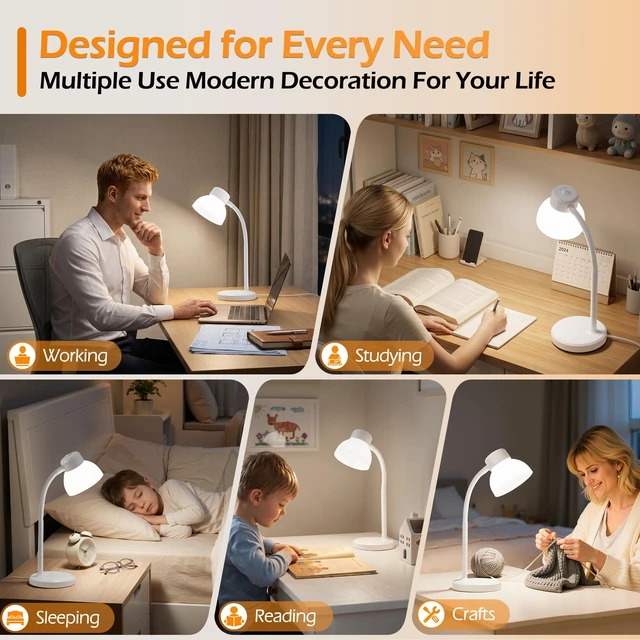 Alt view image 6 of 7 - Desk Lamps for Home Office,Small LED Reading Lamp,5000K Eye-Care Desk Light | Desk Lamps for College Dorm, Kids Study Table, Bedroom , Flexible Gooseneck, Compact Small Table Lamp, Space-Saving Design