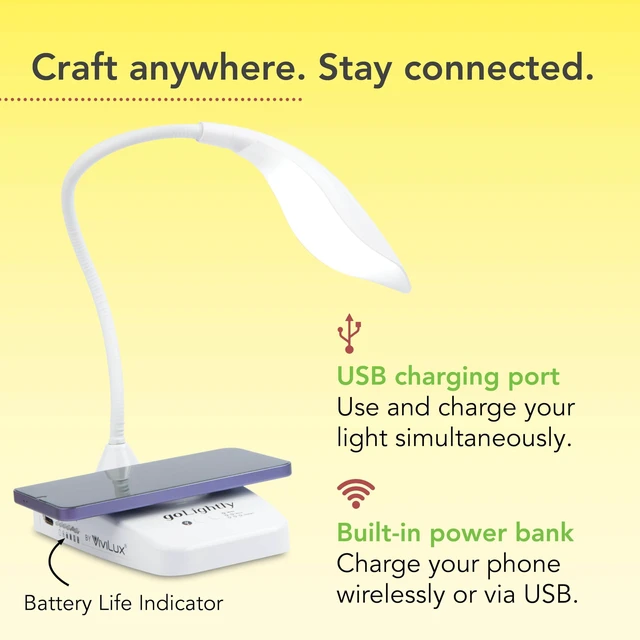 Alt view image 3 of 7 - Golightly LED Task Lamp with Wireless Charging Port, 20 Hr Battery | Portable Task Lighting for Crafts, Sewing & Study, Rechargeable Cordless Desk Lamp, Integrated Cellphone Charger, Lightweight