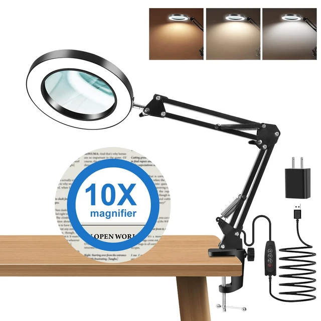 Alt view image 2 of 7 - 10X Magnifying Glass with Light and Clamp, Real Glass Lens, Adjustable Swing Arm, 3 Color Modes, Stepless Dimming LED Magnifying Lamp for Reading, Crafts, Soldering, Sewing & Close Work