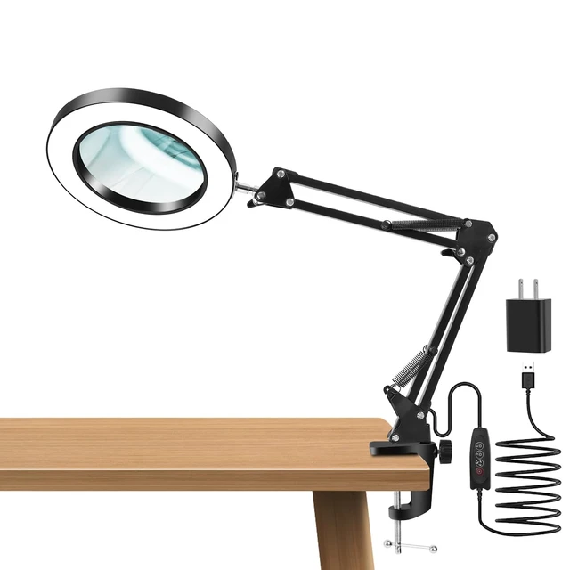 Main image of 10X Magnifying Glass with Light and Clamp, Real Glass Lens, Adjustable Swing Arm, 3 Color Modes, Stepless Dimming LED Magnifying Lamp for Reading, Crafts, Soldering, Sewing & Close Work