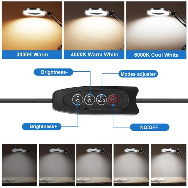 Alt view image 5 of 7 - 10X Magnifying Glass with Light and Clamp, Real Glass Lens, Adjustable Swing Arm, 3 Color Modes, Stepless Dimming LED Magnifying Lamp for Reading, Crafts, Soldering, Sewing & Close Work