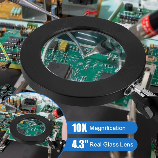 Alt view image 3 of 7 - 10X Magnifying Glass with Light and Clamp, Real Glass Lens, Adjustable Swing Arm, 3 Color Modes, Stepless Dimming LED Magnifying Lamp for Reading, Crafts, Soldering, Sewing & Close Work