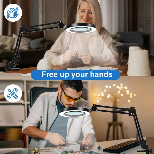 Alt view image 4 of 7 - 10X Magnifying Glass with Light and Clamp, Real Glass Lens, Adjustable Swing Arm, 3 Color Modes, Stepless Dimming LED Magnifying Lamp for Reading, Crafts, Soldering, Sewing & Close Work