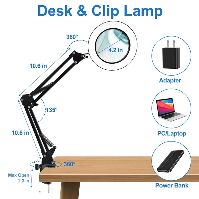 Alt view image 6 of 7 - 10X Magnifying Glass with Light and Clamp, Real Glass Lens, Adjustable Swing Arm, 3 Color Modes, Stepless Dimming LED Magnifying Lamp for Reading, Crafts, Soldering, Sewing & Close Work