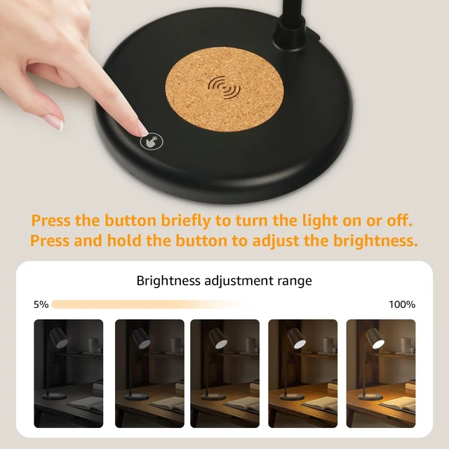 Alt view image 3 of 7 - 3-in-1 LED Desk Lamp with Bluetooth Speaker and 15W Max Wireless Charger, 360° Adjustable Night Light, 3 Lighting Modes, for Working, Studying, Reading, Writing (Black)
