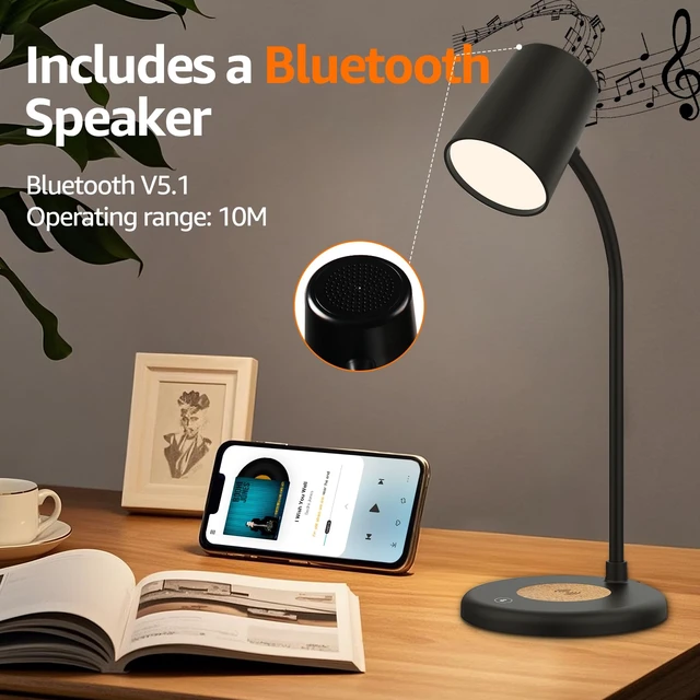Alt view image 4 of 7 - 3-in-1 LED Desk Lamp with Bluetooth Speaker and 15W Max Wireless Charger, 360° Adjustable Night Light, 3 Lighting Modes, for Working, Studying, Reading, Writing (Black)
