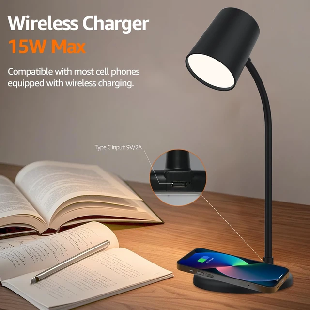 Alt view image 6 of 7 - 3-in-1 LED Desk Lamp with Bluetooth Speaker and 15W Max Wireless Charger, 360° Adjustable Night Light, 3 Lighting Modes, for Working, Studying, Reading, Writing (Black)
