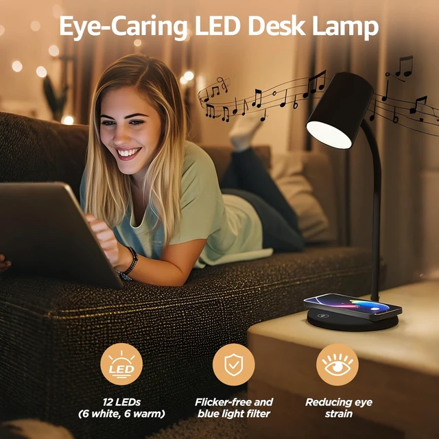 Alt view image 7 of 7 - 3-in-1 LED Desk Lamp with Bluetooth Speaker and 15W Max Wireless Charger, 360° Adjustable Night Light, 3 Lighting Modes, for Working, Studying, Reading, Writing (Black)