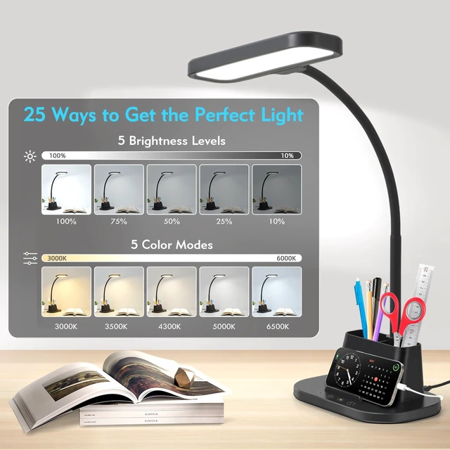 Alt view image 2 of 7 - Desk Lamp for Home Office Desk Light with USB-C Charging Port Black | Small Desk Lamps with Pen Holder, 5 Color Modes 5 Brightness, Touch Gooseneck LED Table Lamp for Dorm Room Essentials Study