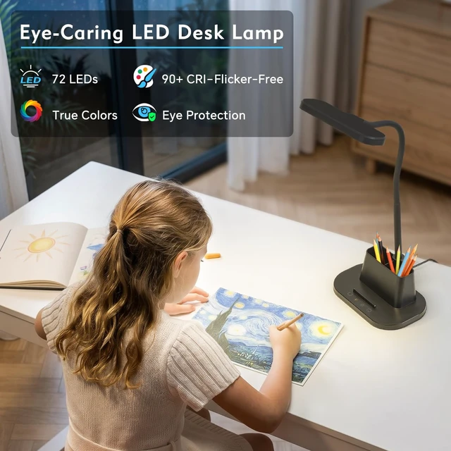 Alt view image 4 of 7 - Desk Lamp for Home Office Desk Light with USB-C Charging Port Black | Small Desk Lamps with Pen Holder, 5 Color Modes 5 Brightness, Touch Gooseneck LED Table Lamp for Dorm Room Essentials Study