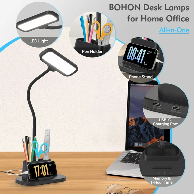 Alt view image 3 of 7 - Desk Lamp for Home Office Desk Light with USB-C Charging Port Black | Small Desk Lamps with Pen Holder, 5 Color Modes 5 Brightness, Touch Gooseneck LED Table Lamp for Dorm Room Essentials Study