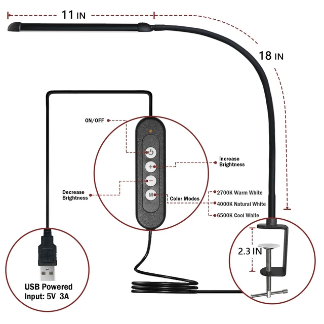 Alt view image 5 of 7 - 12W LED Desk Lamp with Clamp, Flexible Gooseneck for Home Office | 3 Color Modes, 10 Brightness Levels, 800lm, Eye-Caring, 18" Flexible Arm, Memory Function, 5-Min Auto-Off