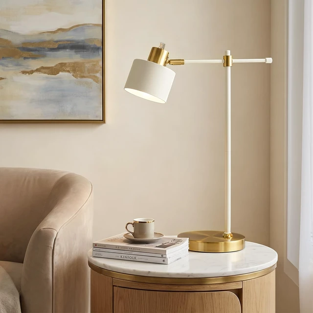 Alt view image 5 of 7 - 22.2" Modern Desk Lamp, Metal Table Lamp with LED Bulb, Adjustable Reading Lamps for Living Room, Mid Century Nightstand Lamp for Home Office, Industrial Bedside Lamps, Cream and Gold