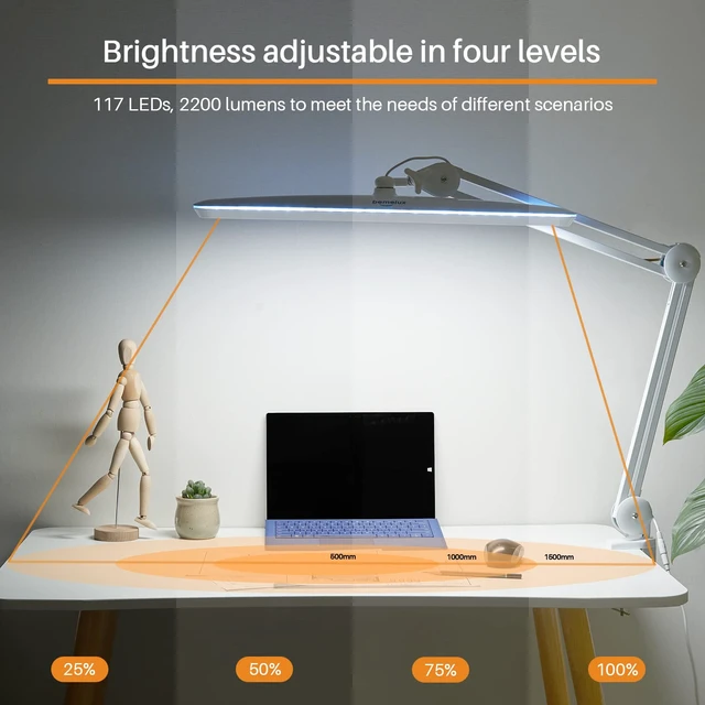 Alt view image 2 of 6 - Task Lamp with Clamp, Bright 117PCS LEDs, Metal Swing Arm 24W 2200 Lumen Dimmable Led Desk Lamp for Architect Home Office Study Reading Dorm Workbench Craft, 23 Inch Working Lamp(White)