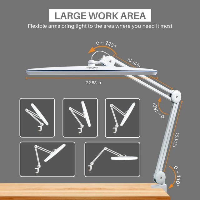 Alt view image 3 of 6 - Task Lamp with Clamp, Bright 117PCS LEDs, Metal Swing Arm 24W 2200 Lumen Dimmable Led Desk Lamp for Architect Home Office Study Reading Dorm Workbench Craft, 23 Inch Working Lamp(White)