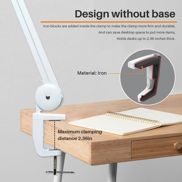 Alt view image 4 of 6 - Task Lamp with Clamp, Bright 117PCS LEDs, Metal Swing Arm 24W 2200 Lumen Dimmable Led Desk Lamp for Architect Home Office Study Reading Dorm Workbench Craft, 23 Inch Working Lamp(White)