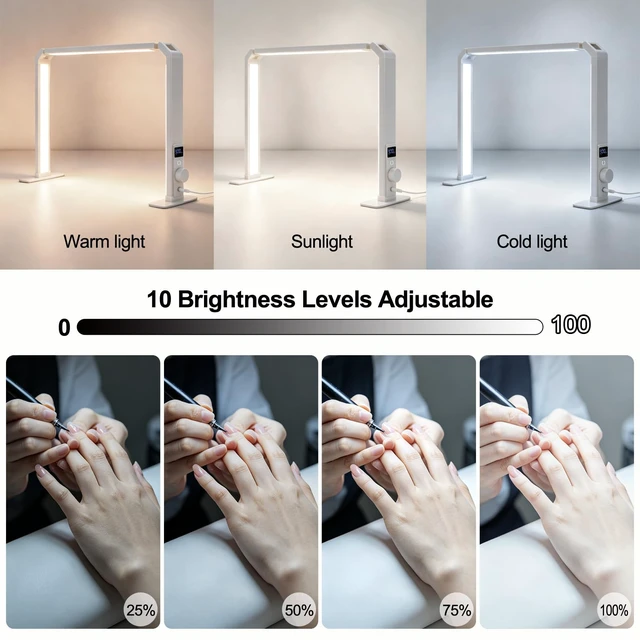 Alt view image 3 of 6 - Nail Desk Lamp, Dual Brightness Mode LED Light for Nails Tech, Folding & Anti-Glaring Table Lamp, Shadow-Free Light for Desk with 3 Color Temperature, Adjustable Brightness, Silver