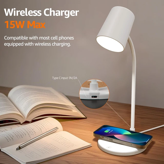 Alt view image 6 of 7 - 3-in-1 LED Desk Lamp with Bluetooth Speaker and 15W Max Wireless Charger, 360° Adjustable Night Light, 3 Lighting Modes, for Working, Studying, Reading, Writing (White)