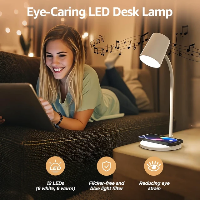 Alt view image 7 of 7 - 3-in-1 LED Desk Lamp with Bluetooth Speaker and 15W Max Wireless Charger, 360° Adjustable Night Light, 3 Lighting Modes, for Working, Studying, Reading, Writing (White)