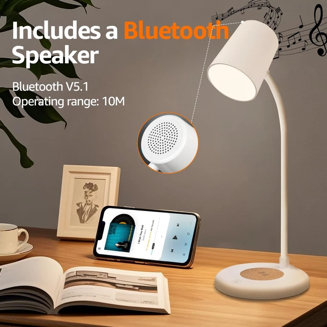Alt view image 4 of 7 - 3-in-1 LED Desk Lamp with Bluetooth Speaker and 15W Max Wireless Charger, 360° Adjustable Night Light, 3 Lighting Modes, for Working, Studying, Reading, Writing (White)