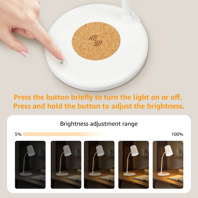 Alt view image 3 of 7 - 3-in-1 LED Desk Lamp with Bluetooth Speaker and 15W Max Wireless Charger, 360° Adjustable Night Light, 3 Lighting Modes, for Working, Studying, Reading, Writing (White)