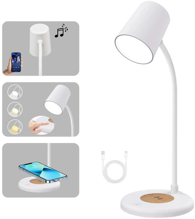 Main image of 3-in-1 LED Desk Lamp with Bluetooth Speaker and 15W Max Wireless Charger, 360° Adjustable Night Light, 3 Lighting Modes, for Working, Studying, Reading, Writing (White)