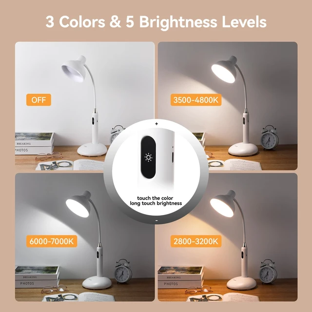 Alt view image 2 of 7 - Eye-Caring Wireless Desk Lamp 6781-700 Lumens, 2700-7000K Adjustable Color Temperature, 360° Gooseneck, Touch Control & USB-C Charging, 2.5hrs Cordless Use (White)