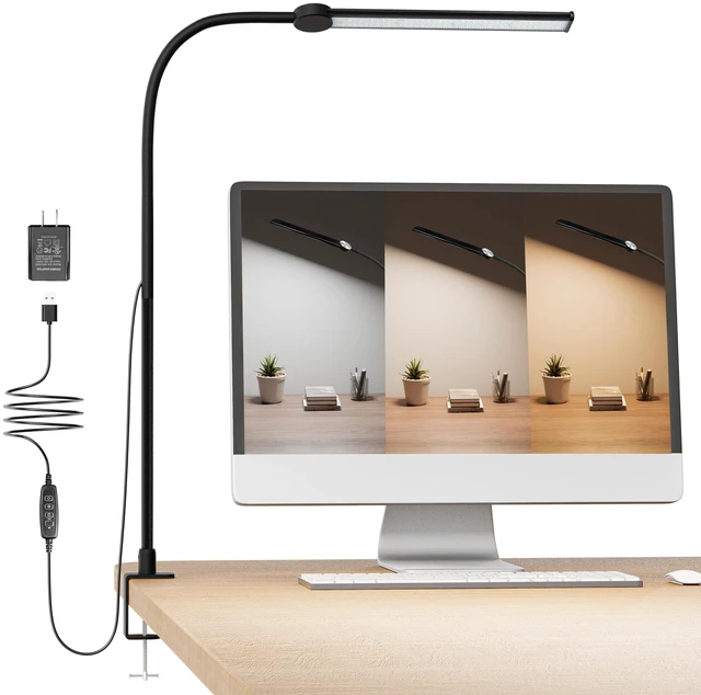 Main image of Desk Lamp with Clamp, 27" Flexible Goose-Neck Light for Craft Sewing | 650LM 80 LEDs Wide Head Desk Light, Sturdy 2.2" Metal Clamp, 3 Color Modes & 3 Brightness Levels, w/ Power Adapter, 1H Timer